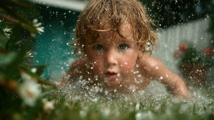 Boy splashing in water outdoors with playful expression