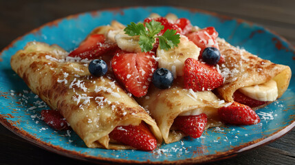 Crepes topped with fresh strawberries and powdered sugar