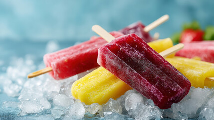Colorful fruit popsicles on ice, summer treat display