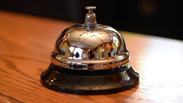 Close up shot of a shiny silver service bell sitting on a wooden surface indoors