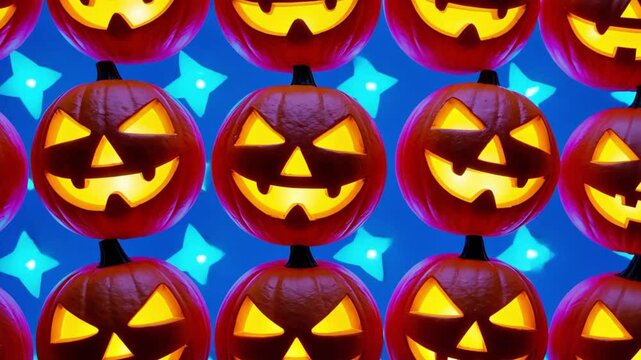 A pattern of carved Halloween pumpkins with glowing faces against a blue background with star shapes. The pumpkins are orange and have traditional jack-o'-lantern designs.