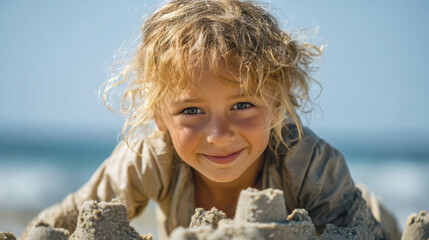Smiling girl playing in the sand at the beach