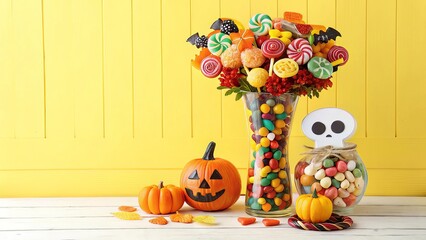 Halloween Candy and Gifts in Vase Against Bright Yellow Background