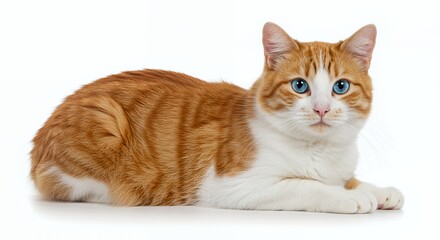 Obraz premium Isolated Orange and White Fur Cat with Blue Eyes Lying Down on White Background in Studio Shot Portrait of a Domestic Feline Pet with Furry Coat and Alert Expression