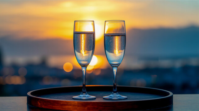 A romantic photograph of two crystal champagne flutes filled with sparkling champagne, positioned on a dark surface against a blurred cityscape backdrop.
