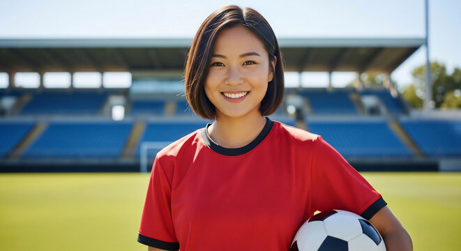 A joyful young Asian woman in a red sports jersey smiles confidently, holding a soccer ball on a sunny day at a professional stadium. This energetic athlete embodies dedication and healthy living - Powered by Adobe