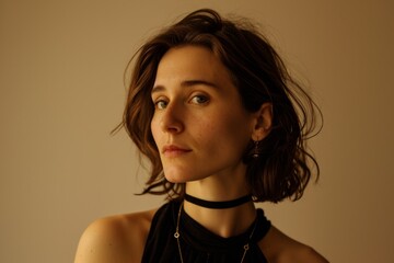 Portrait of a beautiful young woman on a beige background.