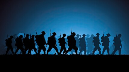 Silhouette of soldiers marching in a long line.