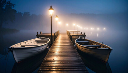Serene misty lake scene at dawn, featuring a long wooden dock illuminated by lamps, with two small rowboats moored on either side. The fog creates a mystical atmosphere