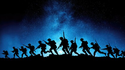 Naklejka premium Silhouette of soldiers marching at night under starry sky.