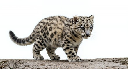 Fototapeta premium Snow Leopard Cub Walking on Rough Surface Isolated on White Background Showing Spotted Fur in Studio Lighting