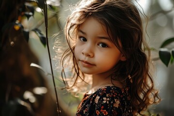 Portrait of a little girl with long hair in the garden.