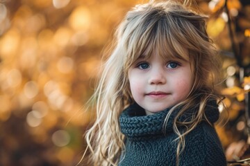 Portrait of a beautiful little girl in the autumn park. Autumn concept.
