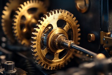 Close-up of Golden Mechanical Gears and Cogs in Engineering Machinery