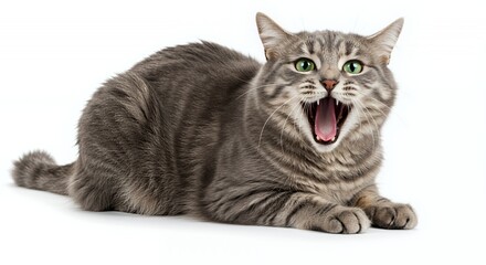 Gray Tabby Cat Wide Open Yawn Against White Background Revealing Green Eyes Funny Expression Isolated by White Screen
