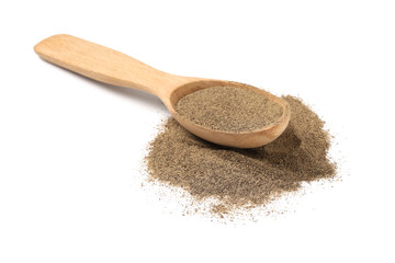 Wooden spoon with black pepper powder on white background