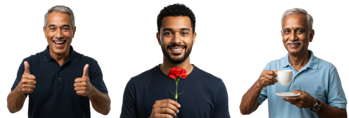 Smiling Middle-Aged Man and Young Man Featuring Positive Emotions, Flower Gesture, and Tea Cup on transparent background