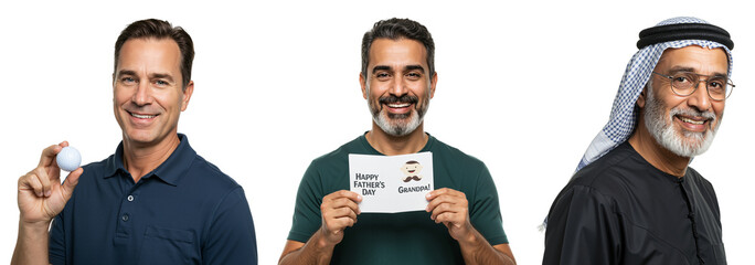 Diverse Group of Men Holding Golf Ball and Sign in Studio Setting