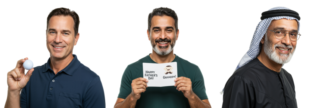 Diverse Group of Men Holding Golf Ball and Sign in Studio Setting