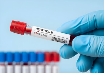 Close-up of a vial labeled Hepatitis B with a blood sample.