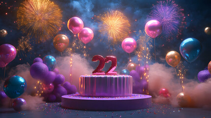 Festive 22nd Birthday Celebration with Cake, Balloons, and Fireworks Display