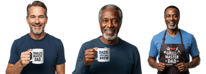 Happy Senior Men Celebrating Fatherhood with Coffee Mugs and Humorous Aprons