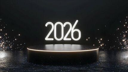 Futuristic 2026 New Year Celebration with Glowing Numbers and Sparkles on Dark Stage