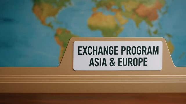 Exchange program folder with Asia and Europe label on blurred world map background representing globalization impact on education culture and exchange