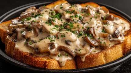 Delicious creamy mushroom toast with parsley on dark plate, close-up. Use for food blogs, restaurant menus, or breakfast recipes.