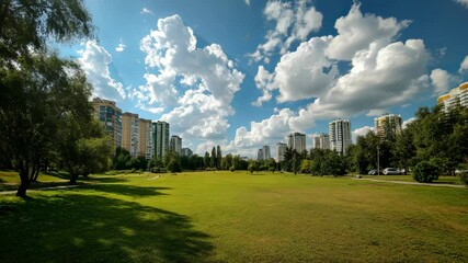 Serene Grassy Field with Urban Buildings in the Background - Powered by Adobe
