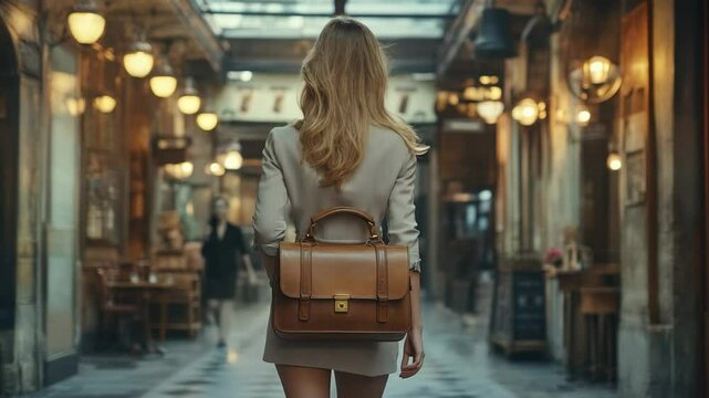 In a vibrant Parisian cafe, a stylish woman walks confidently while holding a beautiful leather bag, enjoying the atmosphere filled with warmth and charm from the classic decor.