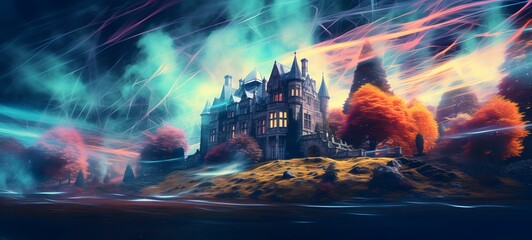 A haunted gothic mansion perched on a wind-swept hill, ai generatif