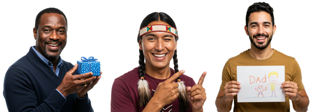 Smiling Men of Diverse Heritage Holding Gifts and Messages