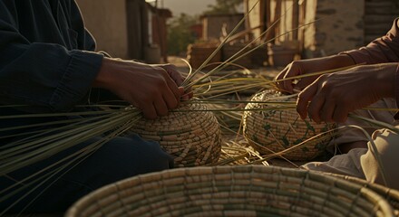 Golden Hour Craftsmanship: Skilled Hands Weave Intricate Baskets