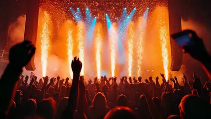 Joyful fans raise their hands in excitement as colorful fireworks illuminate the stage during a thrilling live performance. The electrifying energy fills the air with vibrant lights. - Powered by Adobe