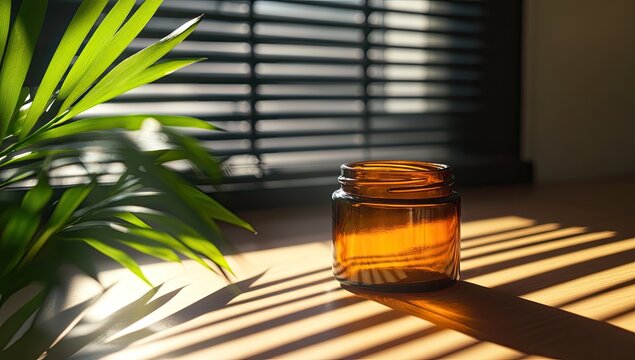 Amber jar bathed in sunlight, with houseplant and window blinds in the background - Powered by Adobe