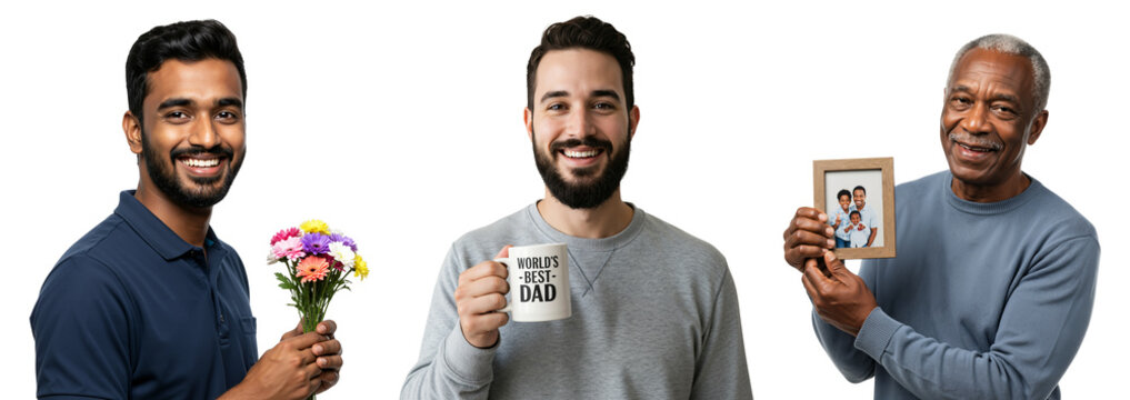 Diverse Young Men Holding Flowers, Coffee Mug, and Portraits in Studio Setting