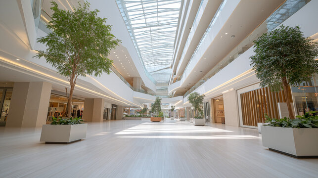 Modern shopping mall interior with clean lines and potted plants. Minimalist architecture meets natural light in urban retail space.