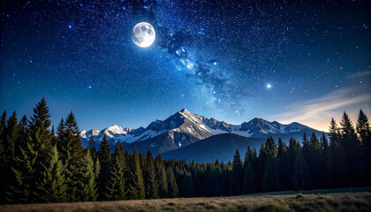 Night landscape, full moon, Milky Way, mountain range, forest