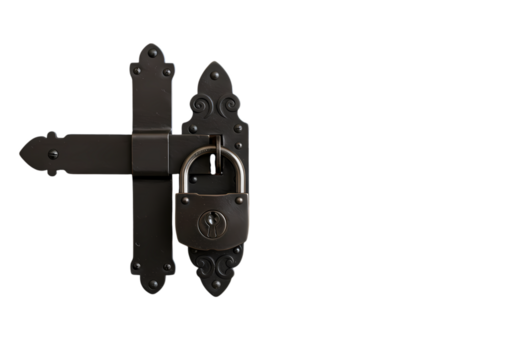 Ornate Black Metal Door Latch with Padlock isolated on transparent background