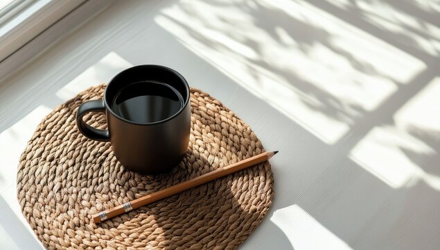 A black coffee cup and pencil on a woven coaster