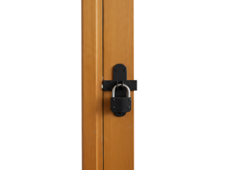 Closeup of a Padlock Securing a Wooden Door or Window Frame isolated on transparent background
