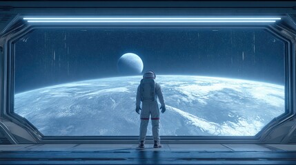 Astronaut gazing at earth from a futuristic spacecraft window.