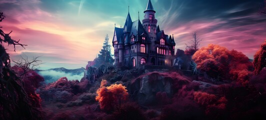 A haunted gothic mansion perched on a wind-swept hill, ai generatif