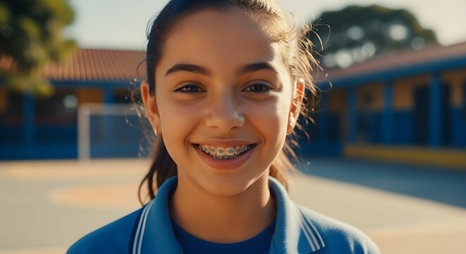 Portrait of a smiling girl with braces in a schoolyard