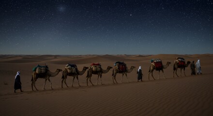 Starlit Caravan: A Nighttime Journey Across the Sahara Desert