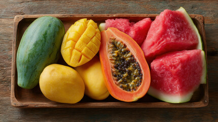 Fresh Tropical Fruits on Wooden Tray