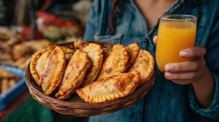 Person Holding Basket of Fresh Empanadas with Juice