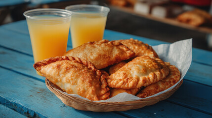 Croissants with Orange Juice on Blue Table