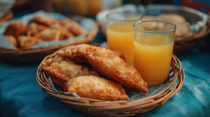 Fried Pastries with Juice on Outdoor Table